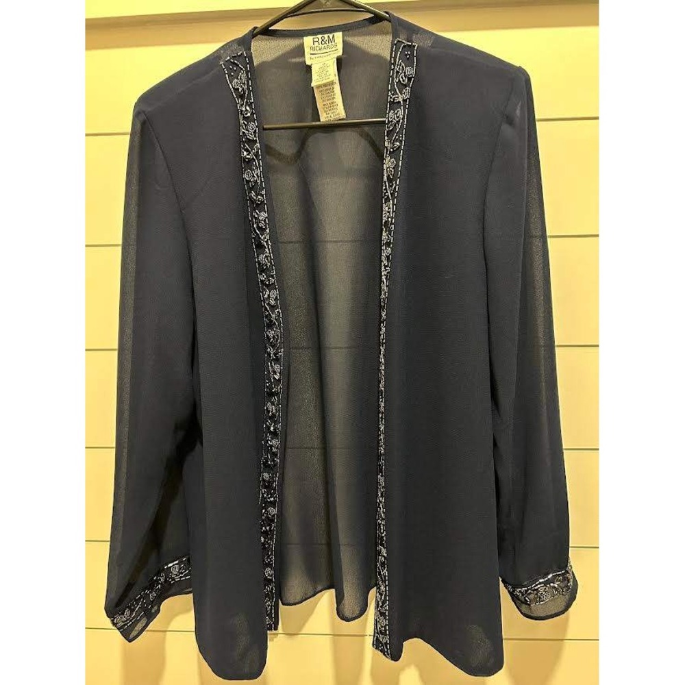 R&M Richards Navy Blue Sheer Beaded Chiffon Open Front Evening Jacket Size 14